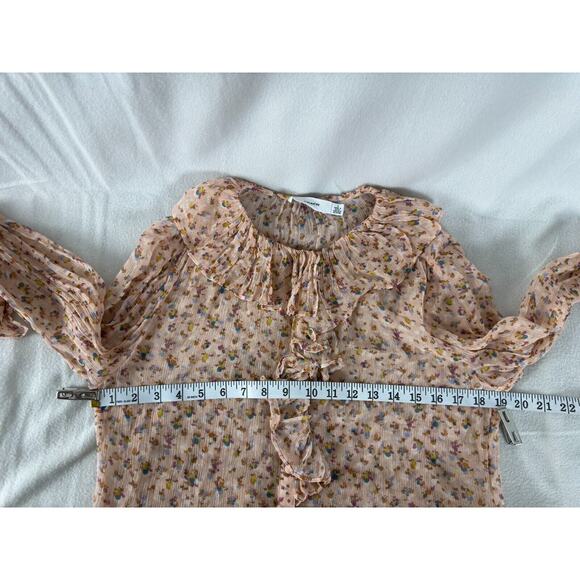 COACH Sz 4 Floral Ruffle Blouse 100% Silk Chiffon Peachy Button Top Semi-Sheer - Picture 7 of 10